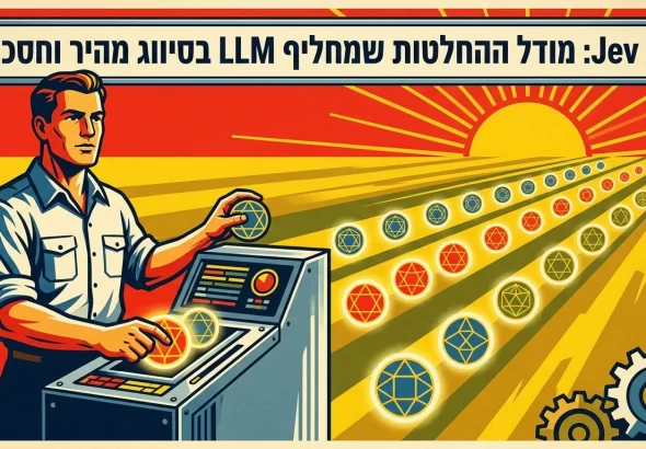 Jev AI - כרזה ישראלית וינטג' בפורמט רוחב עם כותרת המאמר על שלט מתכת