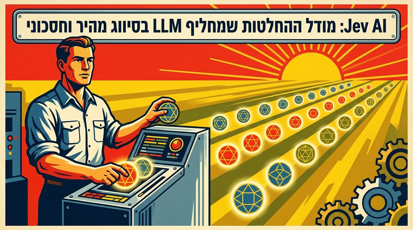 Jev AI - כרזה ישראלית וינטג' בפורמט רוחב עם כותרת המאמר על שלט מתכת